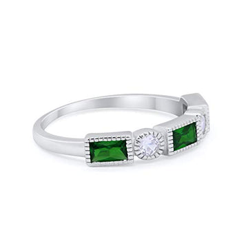Alternating Baguette Ring Simulated Green Emerald CZ 925 Sterling Silver